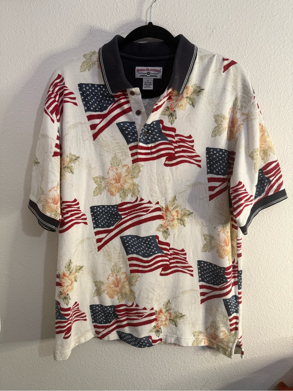 Boca Classics Vintage American Flag Floral Polo Shirt M